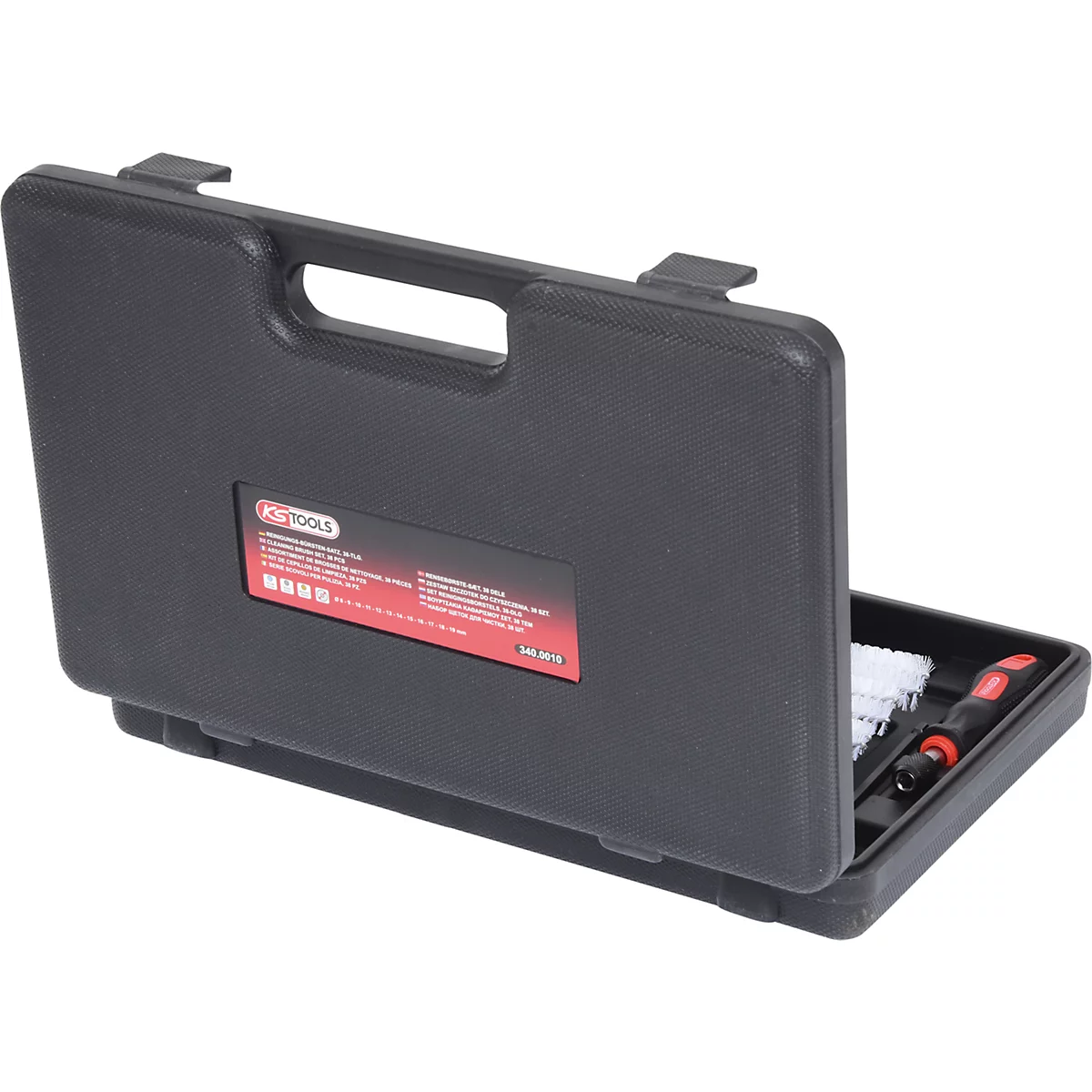 Schwarzer Werkzeugkoffer, geöffnet. Rot-schwarzer Schraubendreher, weiße Bürsten und ein rotes Schild mit Text sichtbar.